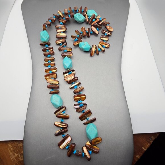VTG Paua Abalone Shell Stick Bead Necklace 30" Howlite Chunks & Turquoise Chips - Picture 4 of 12